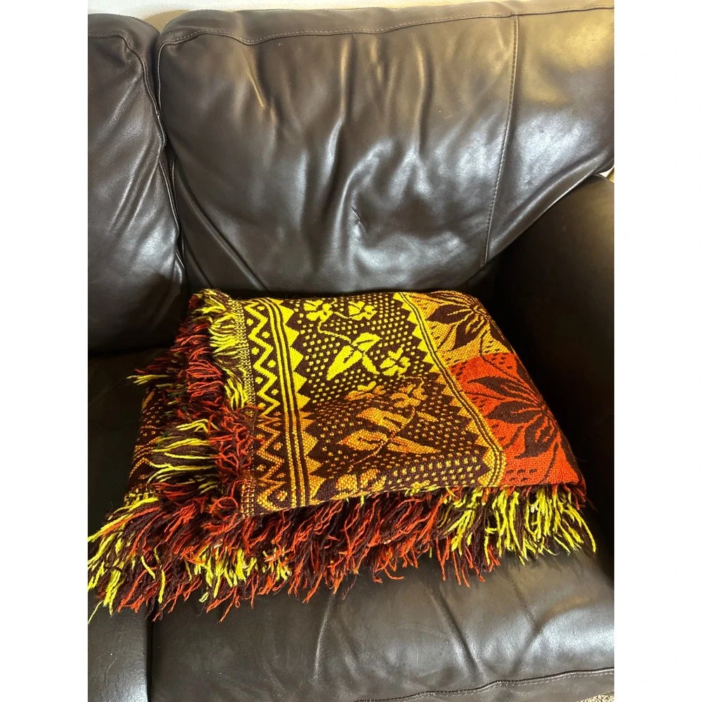 Vintage Polish Folk Wool Blanket Jacquard Floral Geometric Throw. Boho. Autumn.